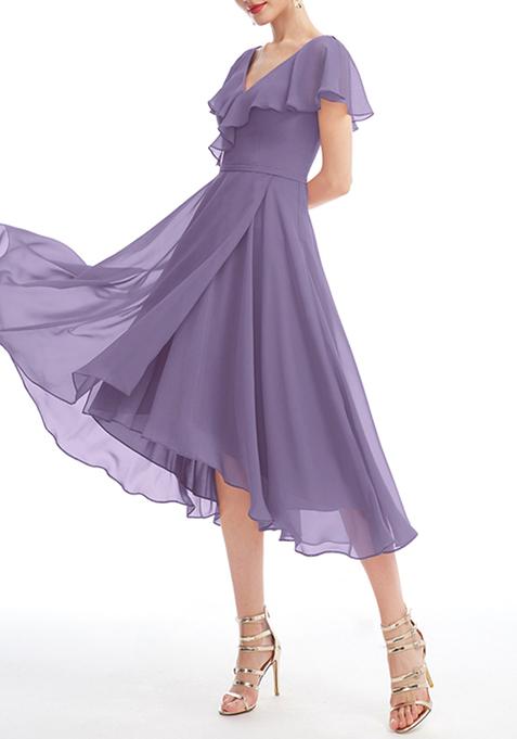 Purple Ruffled A-line V-Neck Asymmetrical Chiffon Gown