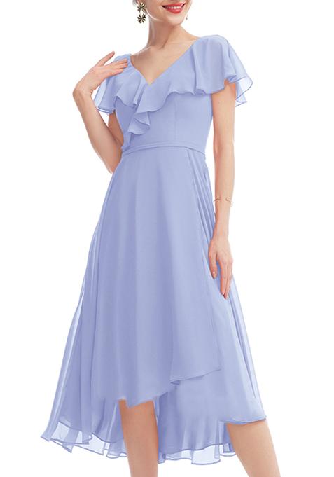 Lavender Ruffled A-line V-Neck Asymmetrical Chiffon Gown