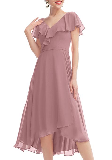 Mauve Ruffled A-line V-Neck Asymmetrical Chiffon Gown