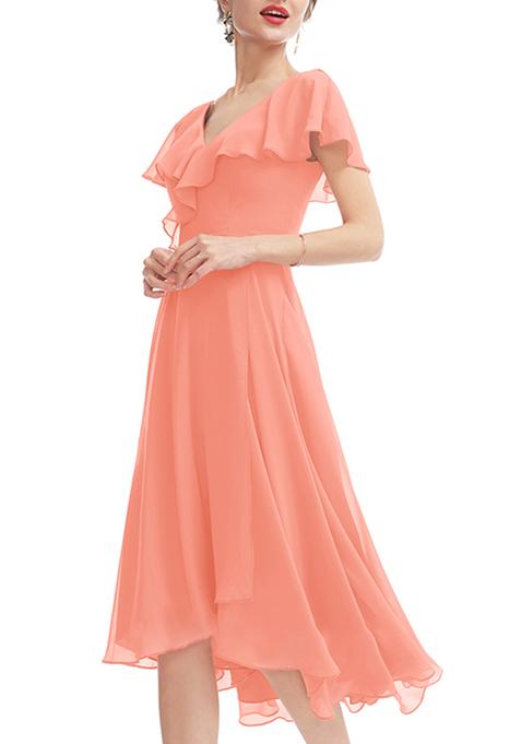 Coral Ruffled A-line V-Neck Asymmetrical Chiffon Gown