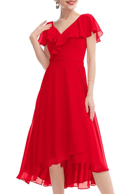 Red Ruffled A-line V-Neck Asymmetrical Chiffon Gown