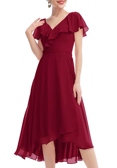 Burgundy Ruffled A-line V-Neck Asymmetrical Chiffon Gown