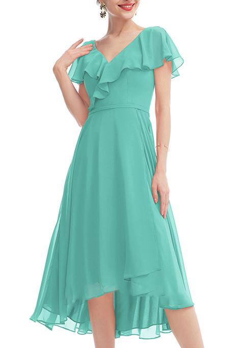 Aqua Blue Ruffled A-line V-Neck Asymmetrical Chiffon Gown