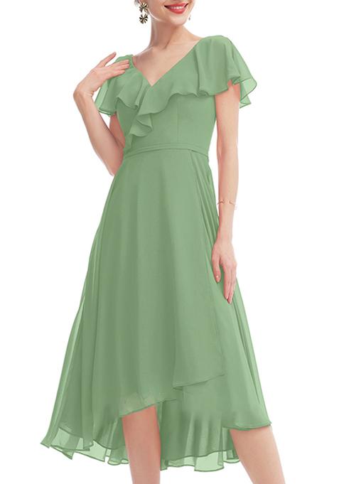 Green Ruffled A-line V-Neck Asymmetrical Chiffon Gown