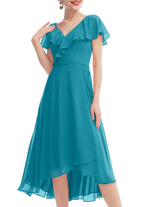 Jade Blue Ruffled A-line V-Neck Asymmetrical Chiffon Gown