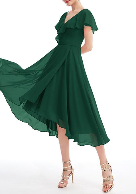 Dark Green Ruffled A-line V-Neck Asymmetrical Chiffon Gown