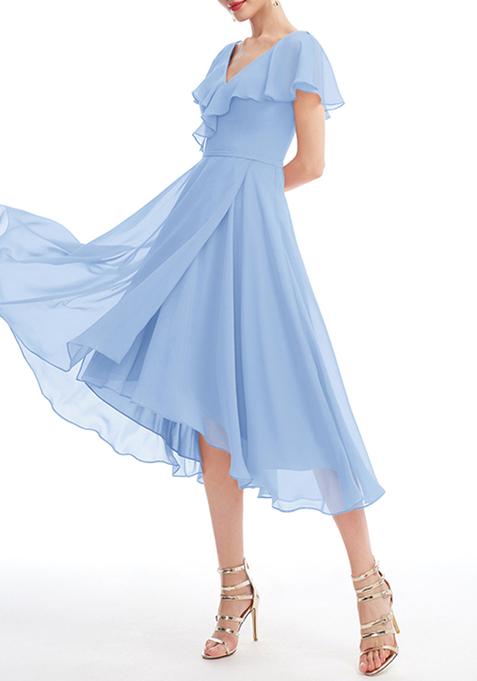 Light Blue Ruffled A-line V-Neck Asymmetrical Chiffon Gown