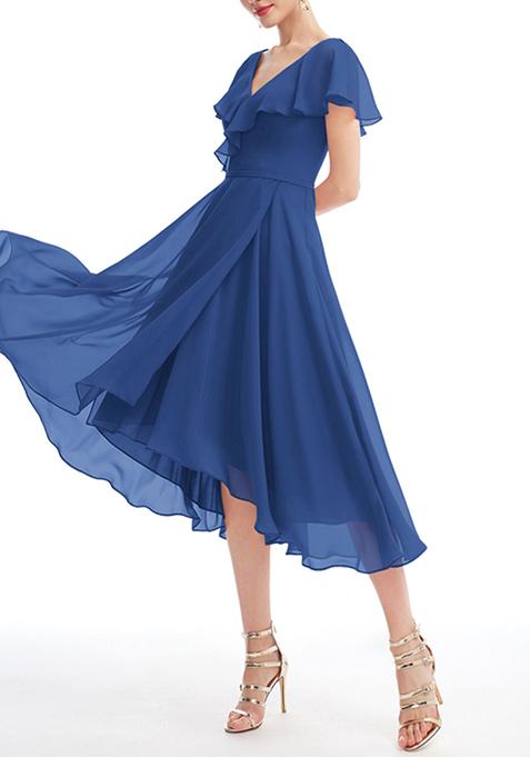 Royal Blue Ruffled A-line V-Neck Asymmetrical Chiffon Gown