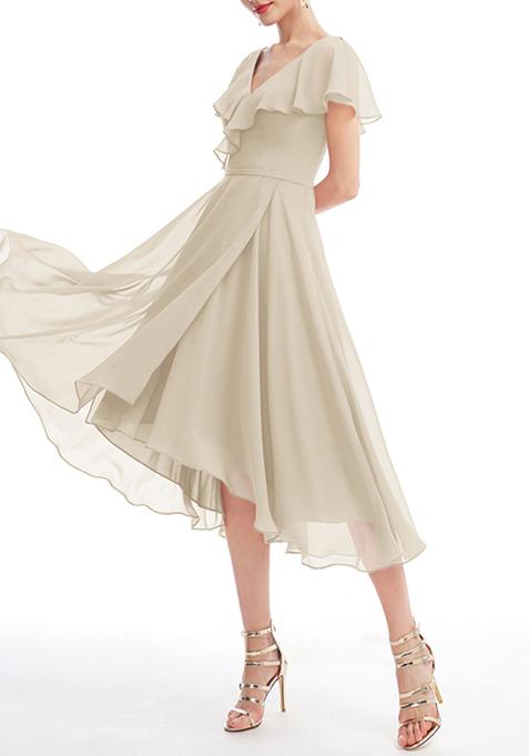 Grey Ruffled A-line V-Neck Asymmetrical Chiffon Gown