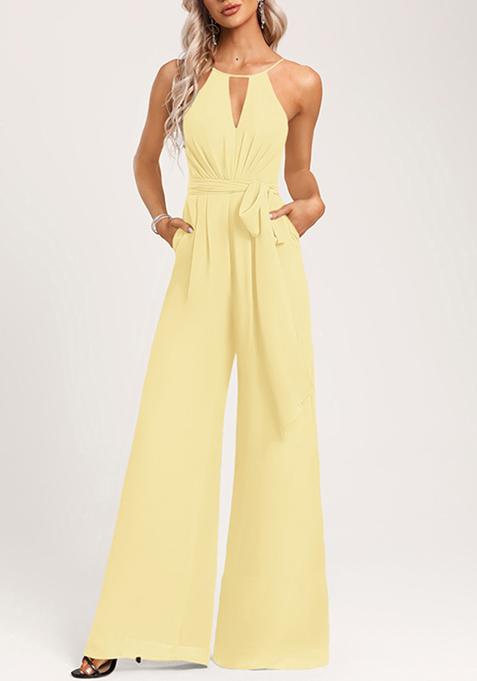 Yellow Halter Floor-Length Crepe Jumpsuit