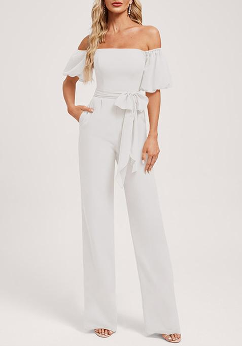 Ivory Off Shoulder Square Crepe Jumpsuit