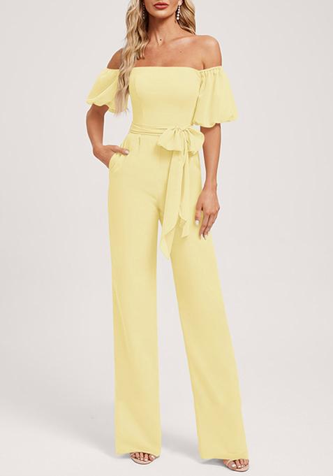 Yellow Off Shoulder Square Crepe Jumpsuit