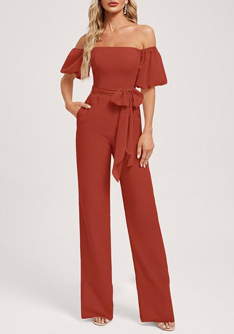 Rust Off Shoulder Square Crepe Jumpsuit