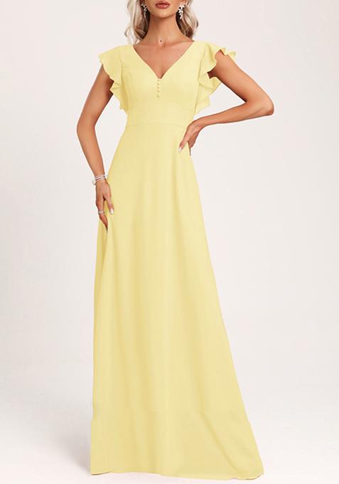 Yellow A-line V-Neck Ruffled Crepe Gown