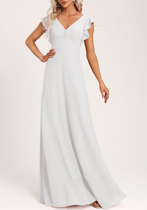 White A-line V-Neck Ruffled Crepe Gown