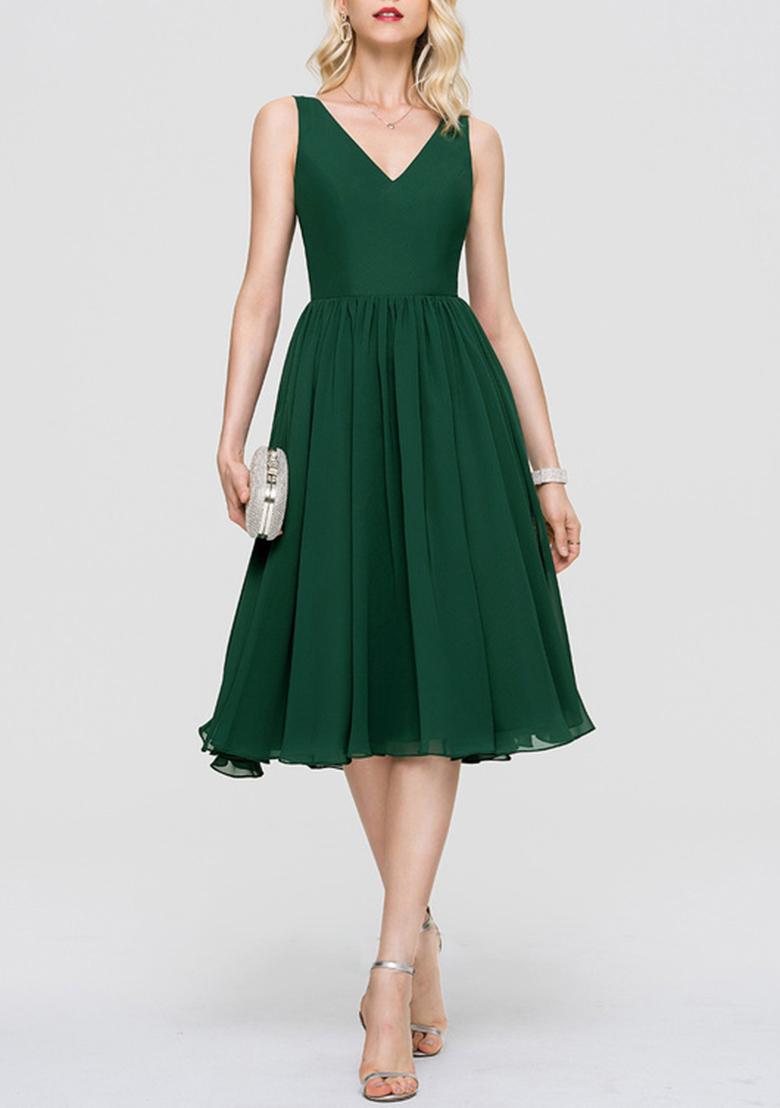 Dark Green A-line V-Neck Knee-Length Chiffon Cocktail Dress