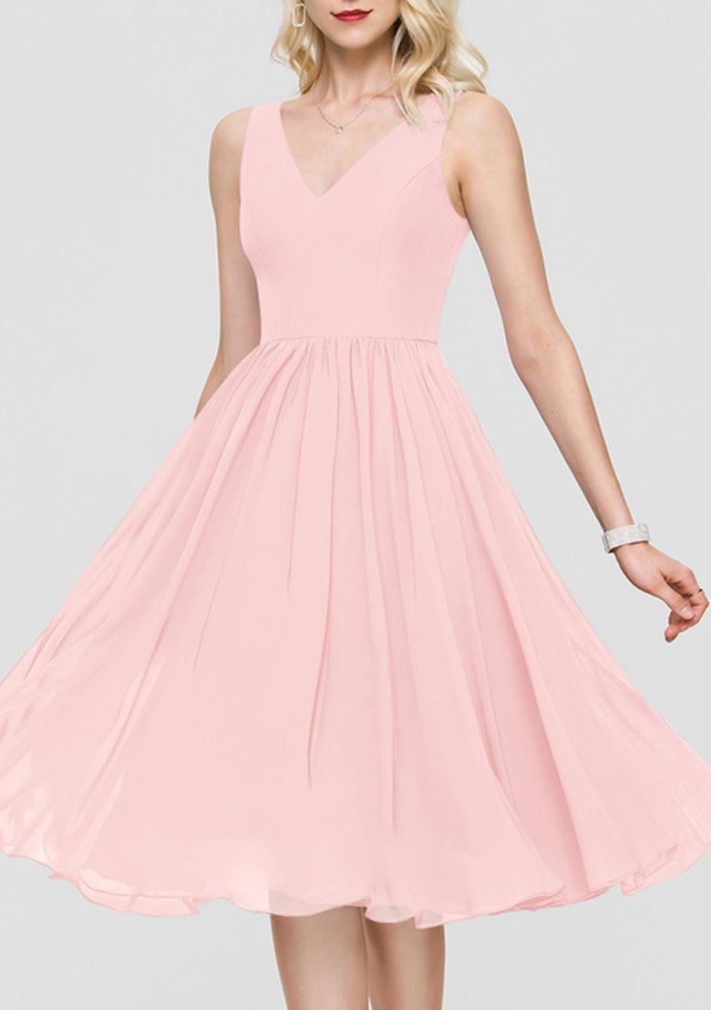 Buy Women Light Pink A-Line V-Neck Knee-Length Chiffon Cocktail