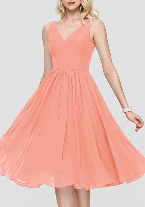 Coral A-line V-Neck Knee-Length Chiffon Cocktail Dress