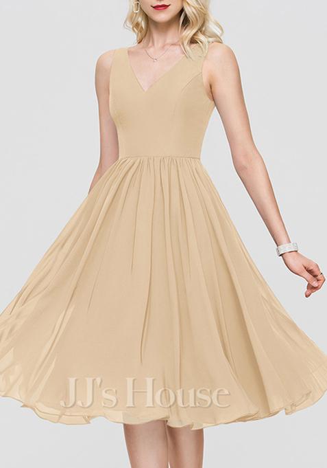 Light Brown A-line V-Neck Knee-Length Chiffon Cocktail Dress