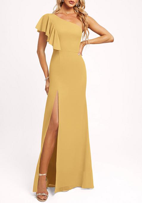 Golden Mermaid One Shoulder Ruffled Chiffon Dress