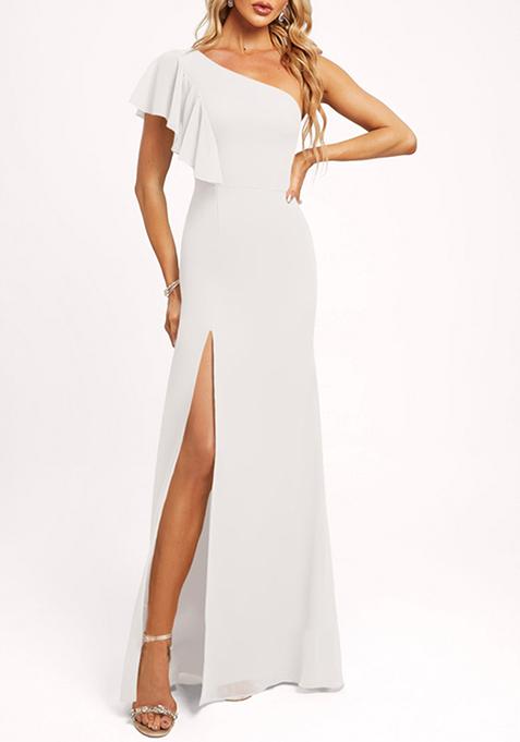 Ivory Mermaid One Shoulder Ruffled Chiffon Dress