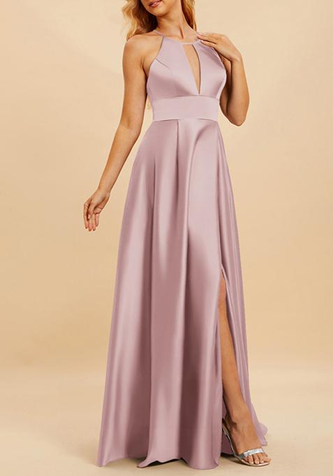 Lilac A-line High Neck Satin Gown