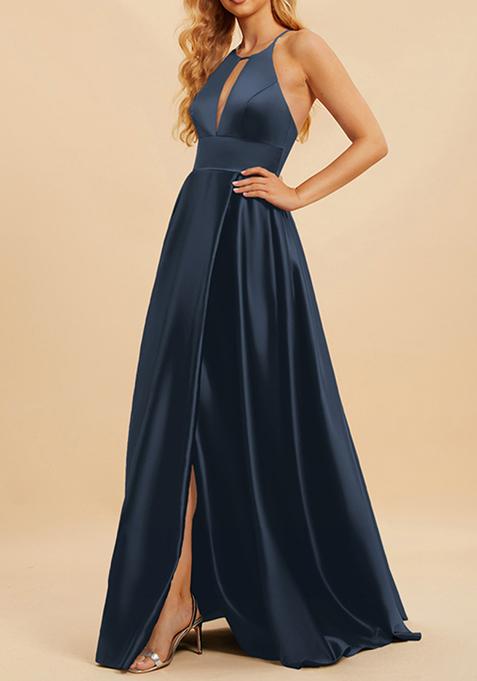 Dark Navy A-line High Neck Satin Gown