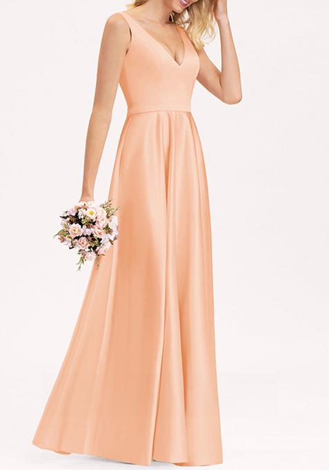 Peach A-line V-Neck Satin Gown