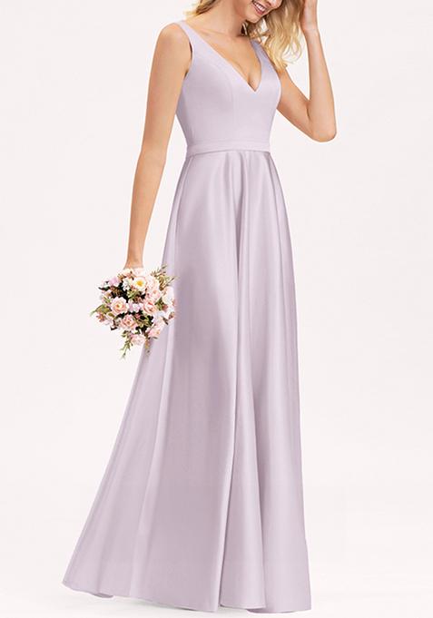 Lilac A-line V-Neck Satin Gown