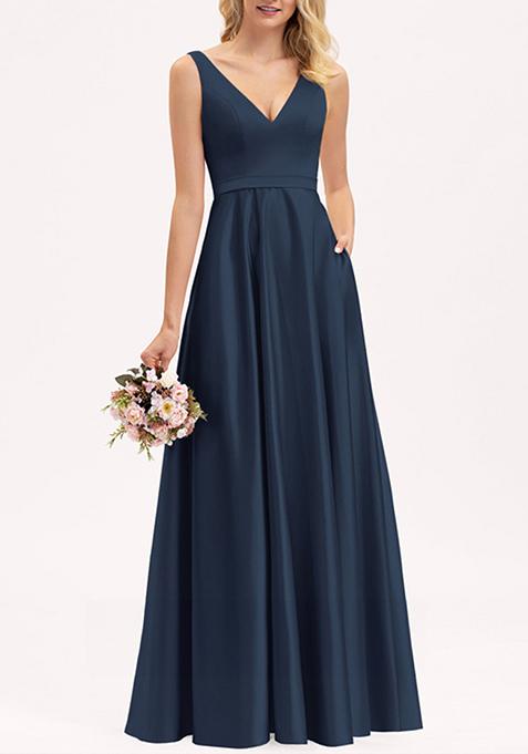 Dark Navy A-line V-Neck Satin Gown