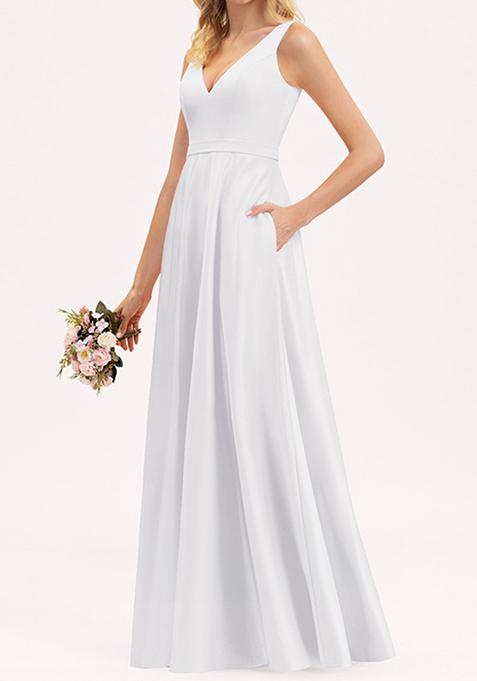 White A-line V-Neck Satin Gown