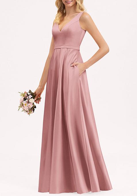 Dusty Pink A-line V-Neck Satin Gown