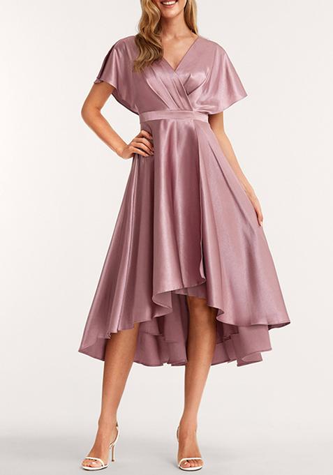 Dusty Pink A-line V-Neck Asymmetrical Stretch Satin Dress