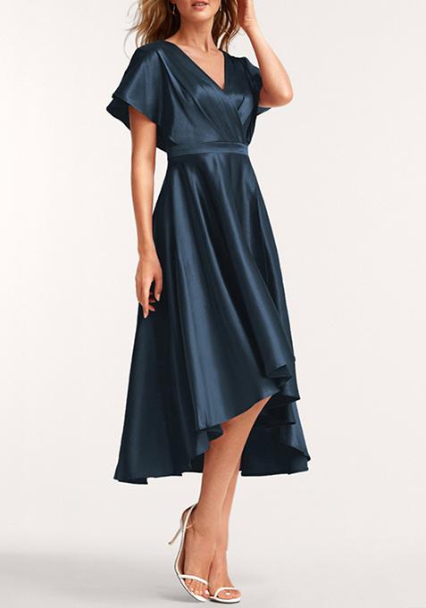 Dark Navy A-line V-Neck Asymmetrical Stretch Satin Dress