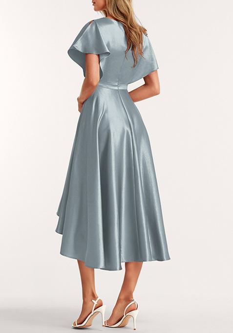 Cool Blue A-line V-Neck Asymmetrical Stretch Satin Dress