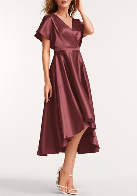 Burgundy A-line V-Neck Asymmetrical Stretch Satin Dress