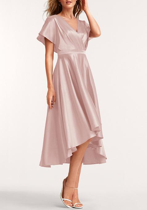 Lilac A-line V-Neck Asymmetrical Stretch Satin Dress