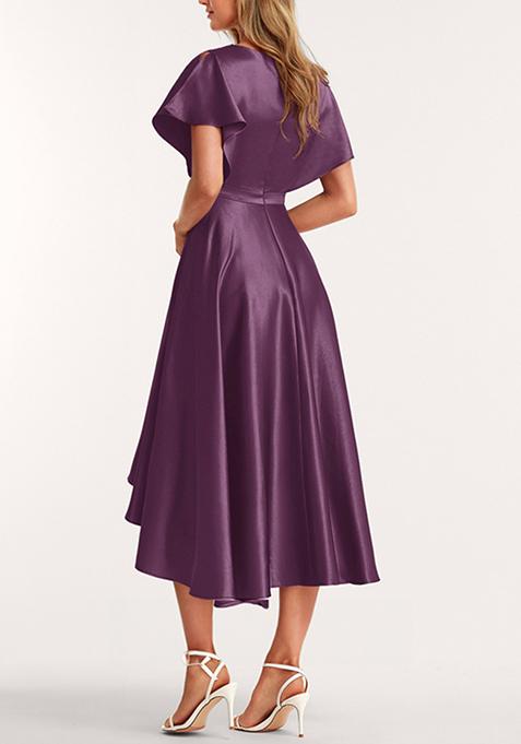 Dark Purple A-line V-Neck Asymmetrical Stretch Satin Dress