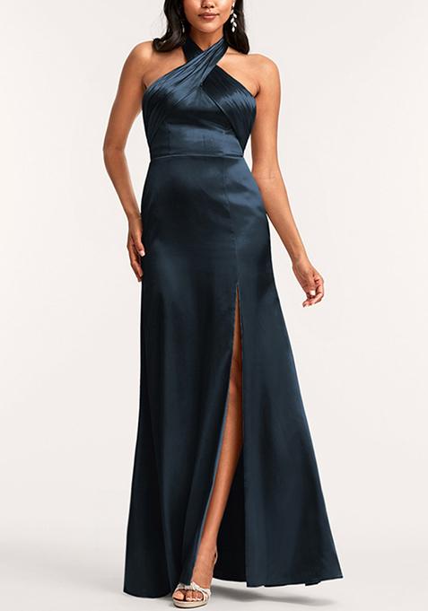 Turquoise A-line Halter Floor-Length Stretch Satin Dress