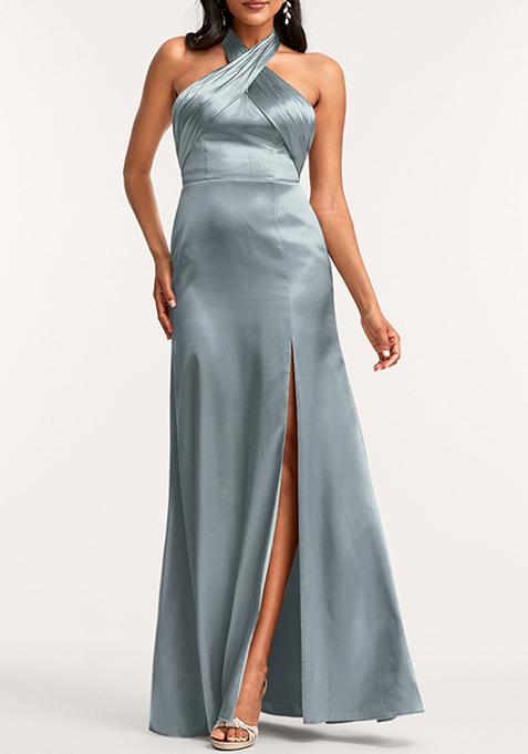 Cool Blue A-line Halter Floor-Length Stretch Satin Dress