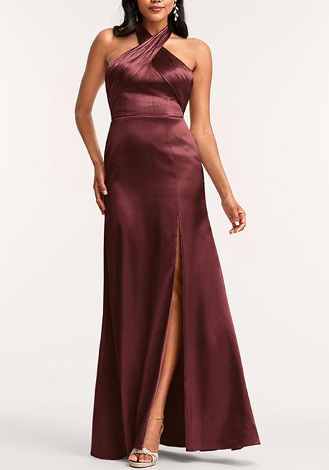 Burgundy A-line Halter Floor-Length Stretch Satin Dress