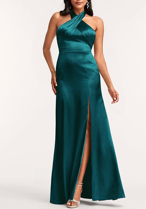 Turquoise A-line Halter Floor-Length Stretch Satin Dress