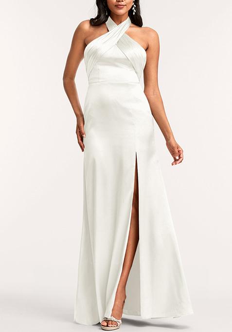 White A-line Halter Floor-Length Stretch Satin Dress