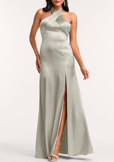 Silver A-line Halter Floor-Length Stretch Satin Dress