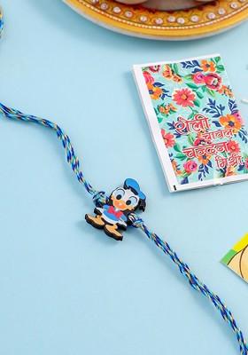 Stylish Blue Cartoon Character Kids Rakhi With Roli Chawal Chandan And Mishri