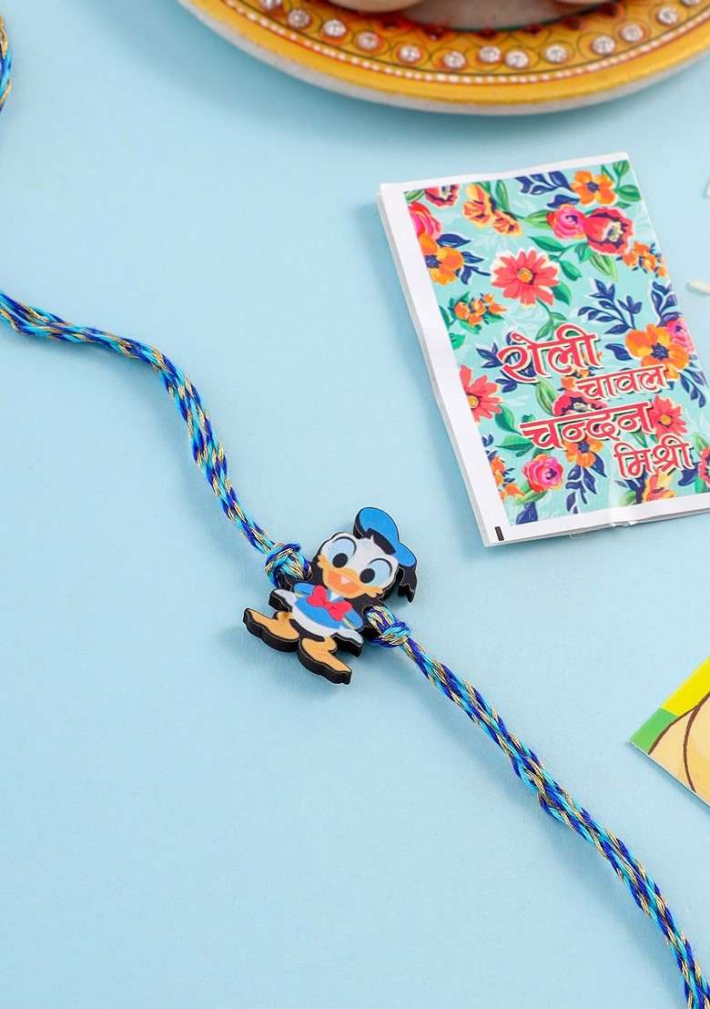 Stylish Blue Cartoon Character Kids Rakhi With Roli Chawal Chandan And Mishri - Indya