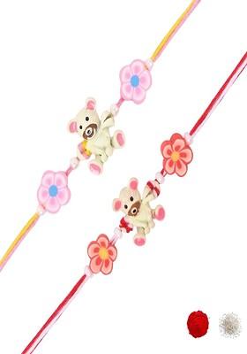 Pink Set Of 2 Cartoon Kids Thread Rakhi With Roli Chawal