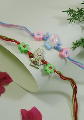 Pink Set Of 2 Cartoon Kids Thread Rakhi With Roli Chawal