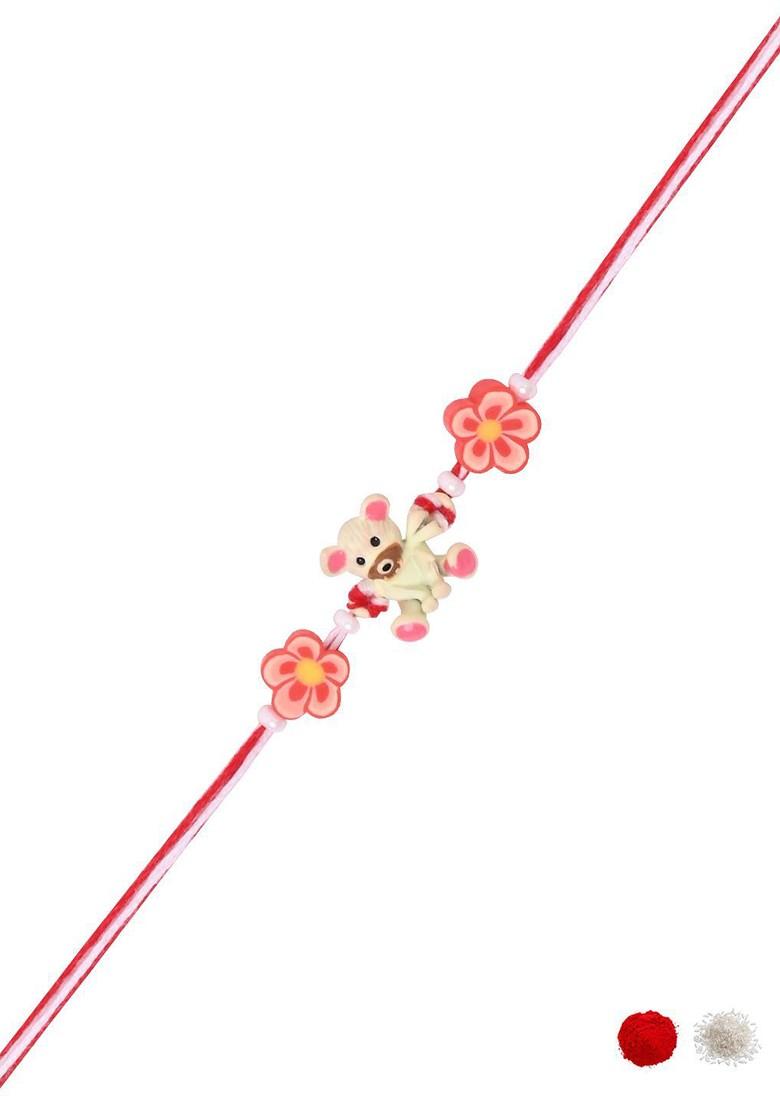 Red Cartoon Kids Thread Rakhi With Roli Chawal