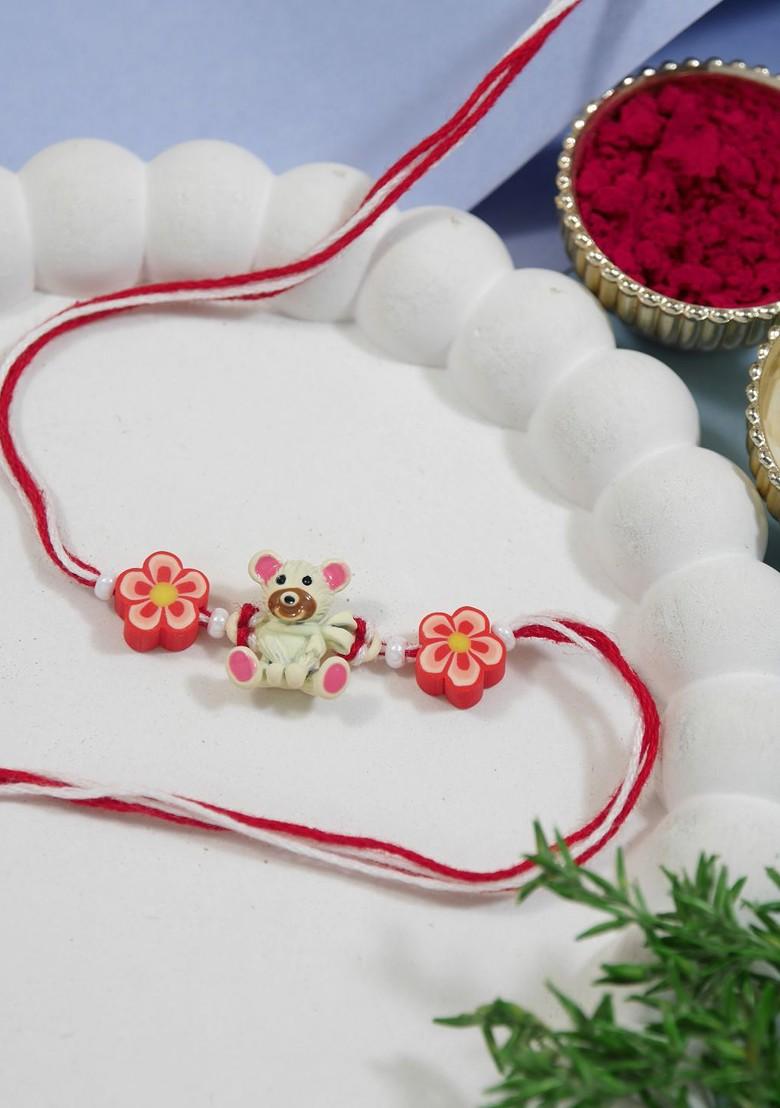 Red Cartoon Kids Thread Rakhi With Roli Chawal